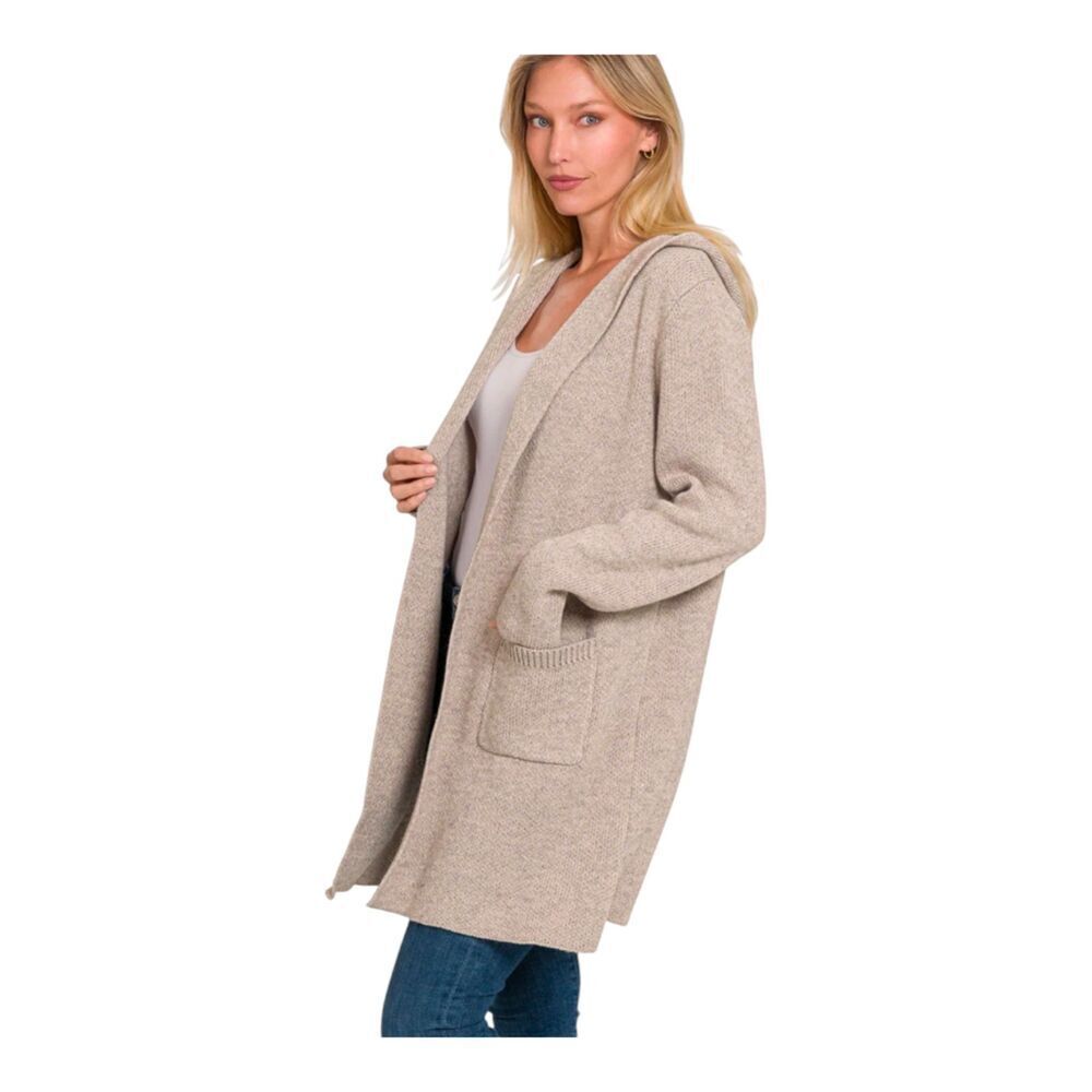 Tahari Wool Blend Long Line Open Front Pockets Hood Grandma Sweater Cardigan, XS